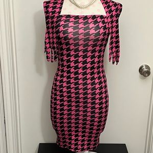 Pink and Black Houndstooth Tube Dress w/ matching elbow gloves